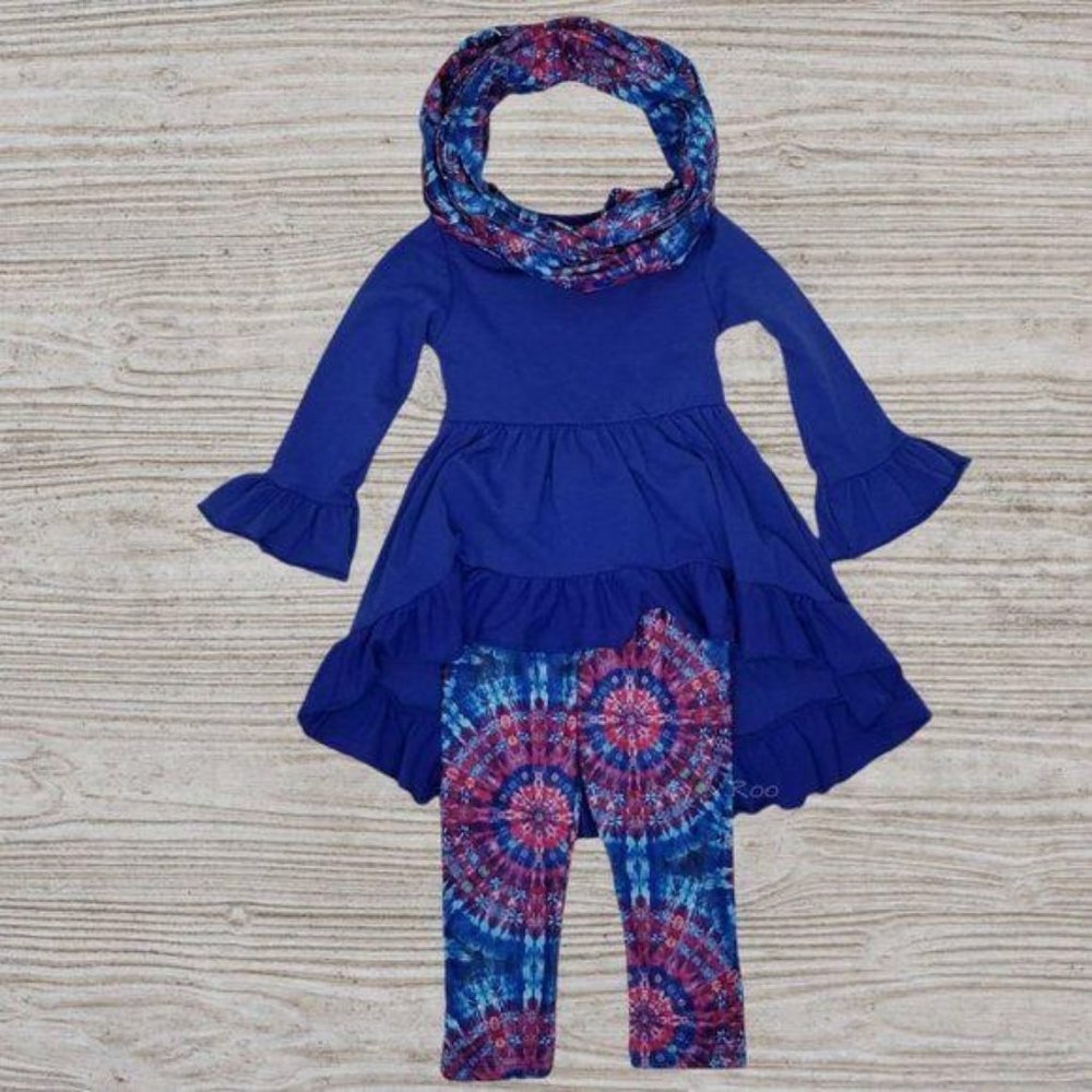 Blue High Low Tunic Tie Dye Leggings & Scarf Set
